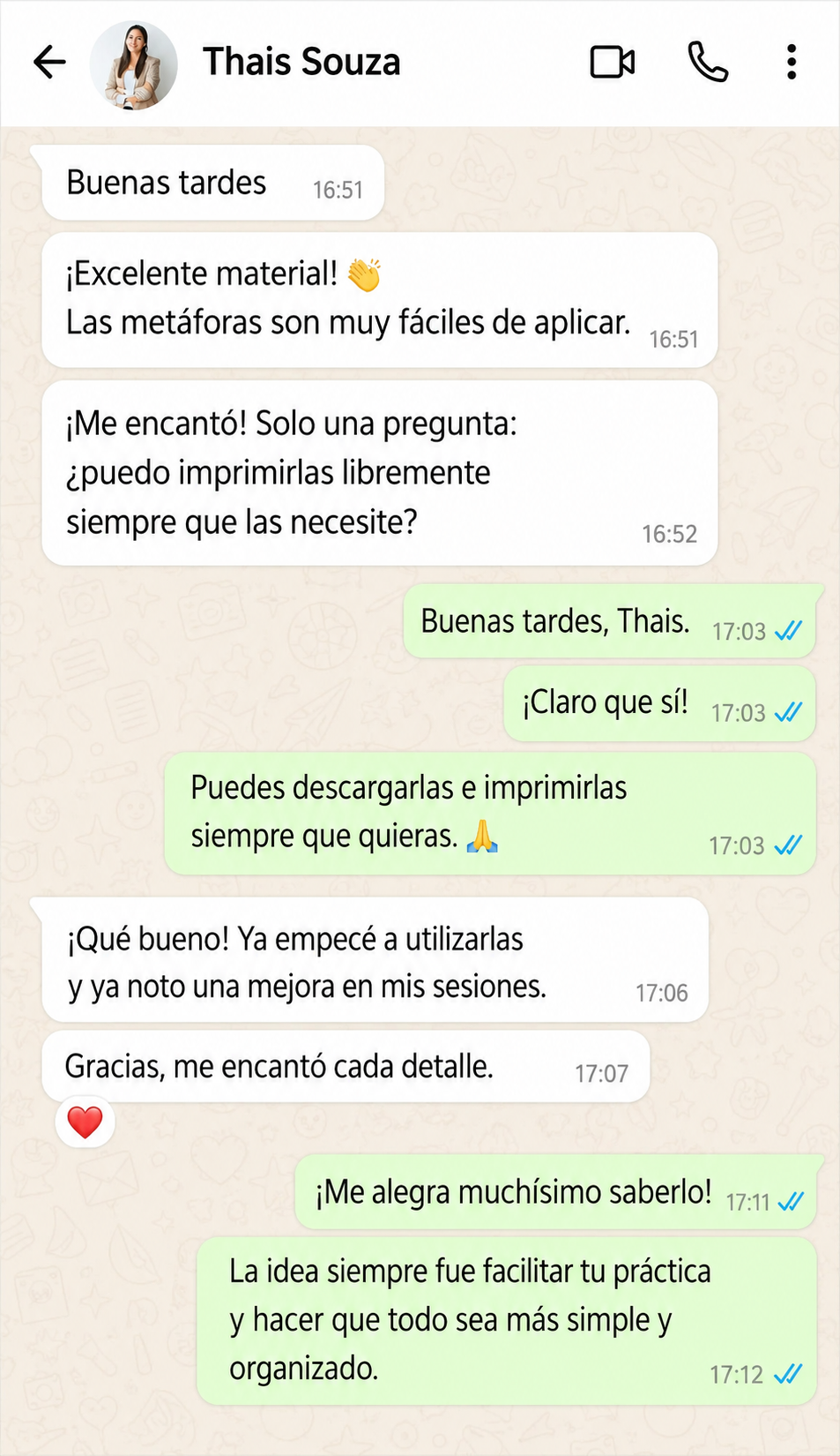 Testimonio de Thais Souza en WhatsApp sobre las 800 Metáforas Terapéuticas