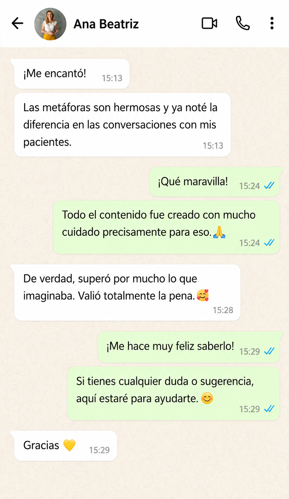 Testimonio de Ana Beatriz en WhatsApp sobre las 800 Metáforas Terapéuticas