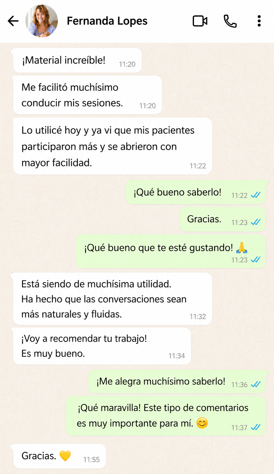 Testimonio de Fernanda Lopes en WhatsApp sobre las 800 Metáforas Terapéuticas
