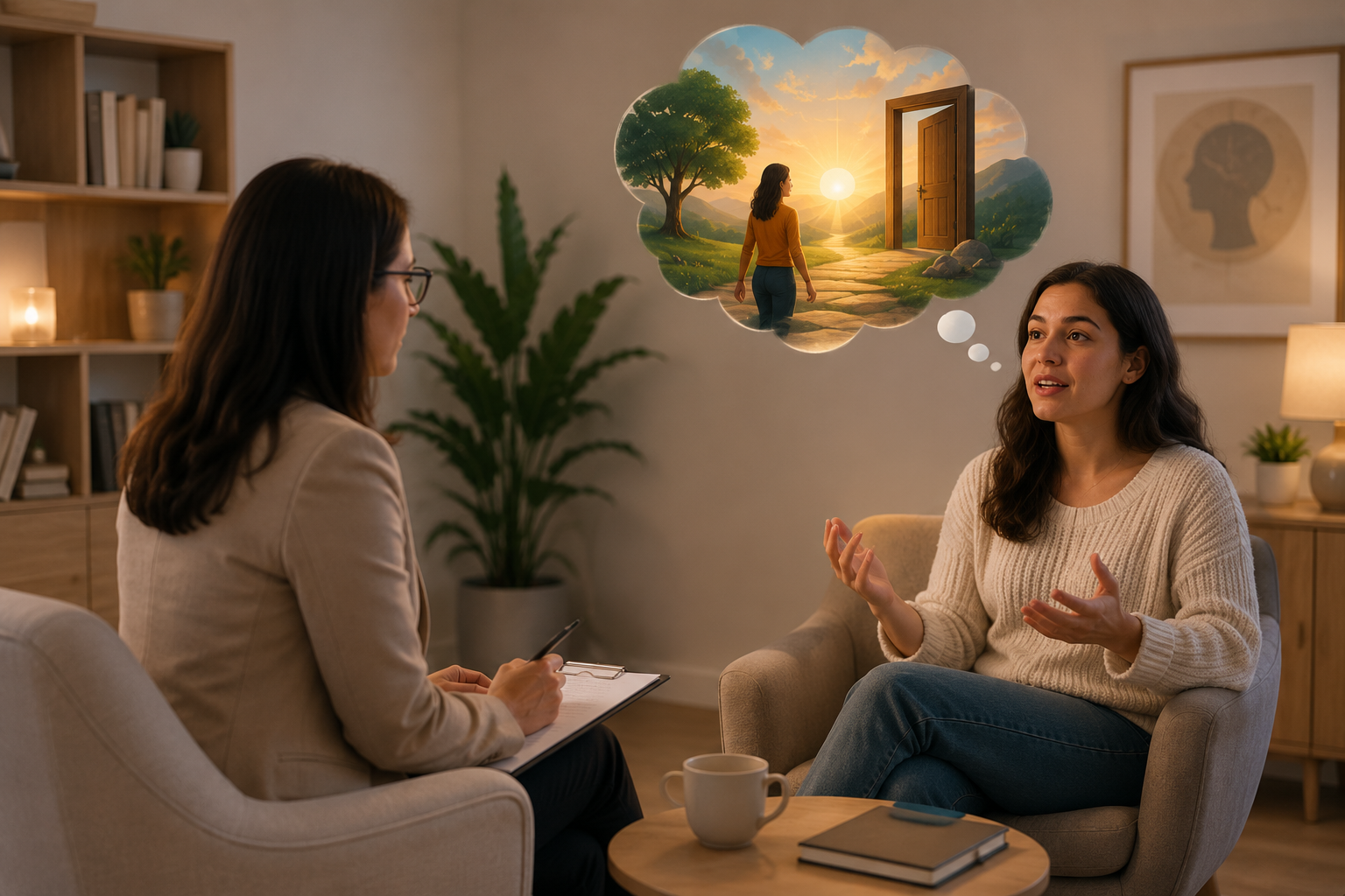 Terapeuta conduciendo una sesión donde una metáfora facilita un insight en el paciente