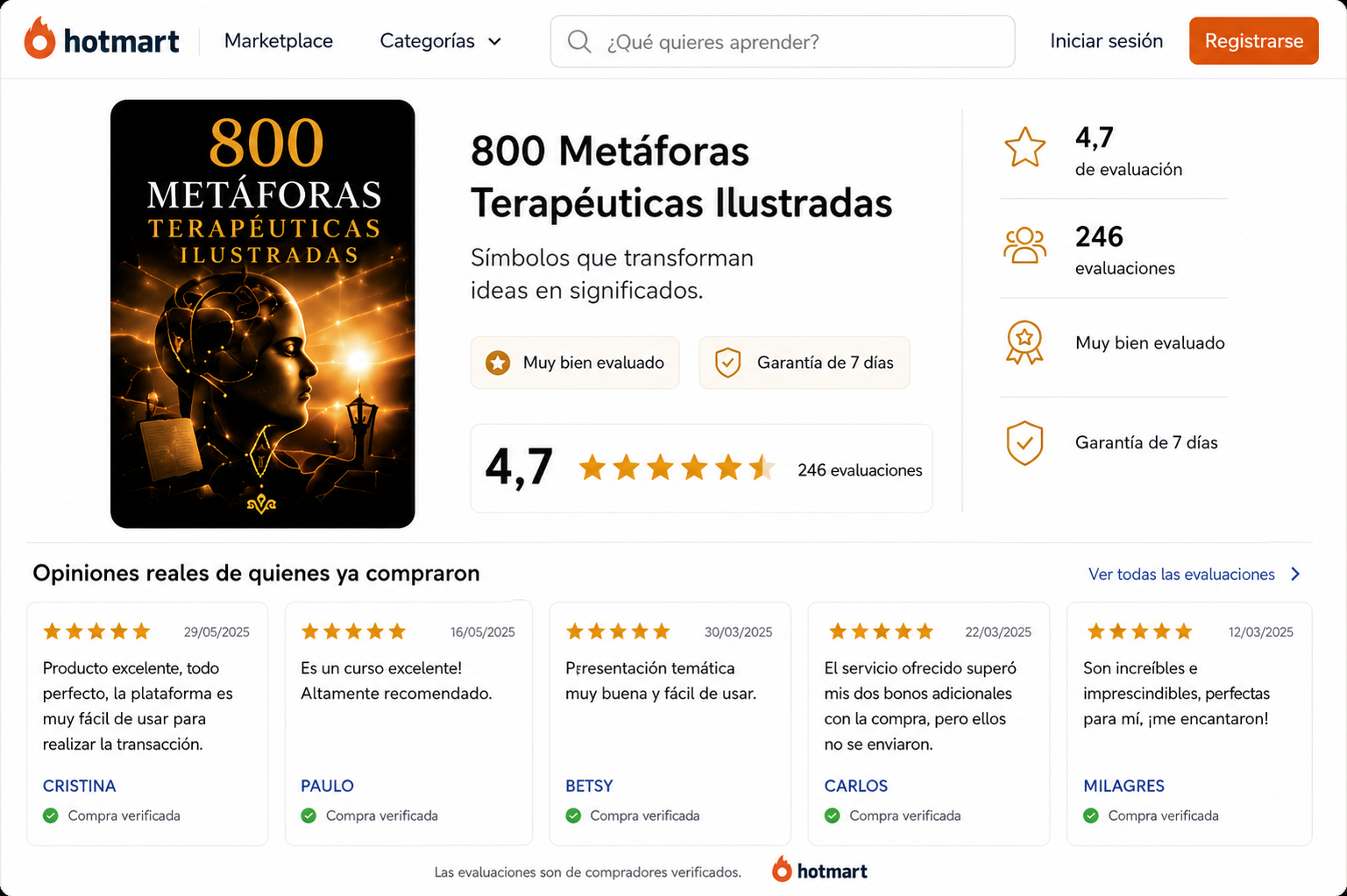 Reseñas reales de la página del producto 800 Metáforas Terapéuticas Ilustradas en Hotmart, con nota 4,7 y 246 evaluaciones verificadas